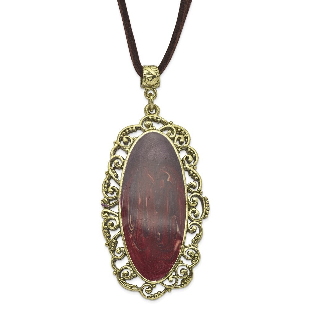 1928 Brass-tone Ornate Frame Purple Enamel Oval Faux Suede Cord Necklace